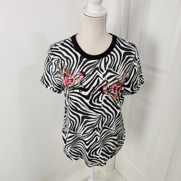 Ted Baker Top Womens 3 Zebra Print Floral Spellout Logo Tee Shirt Ringer London - Picture 1 of 16